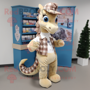 Beige Seahorse mascot costume character dressed with a Flannel Shirt and Coin purses