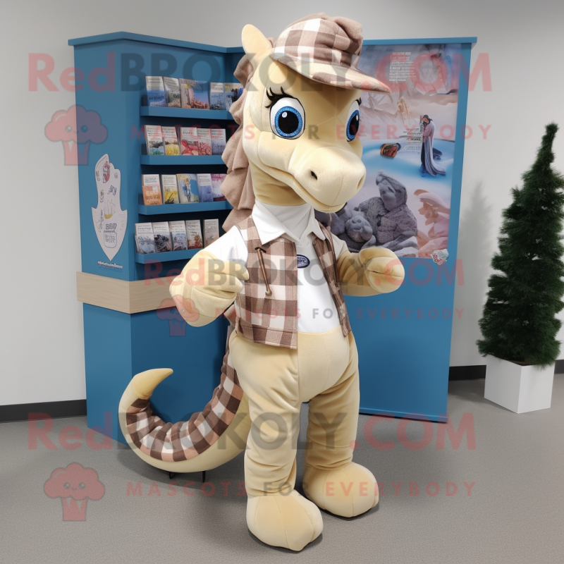 Beige Seahorse mascot costume character dressed with a Flannel Shirt and Coin purses