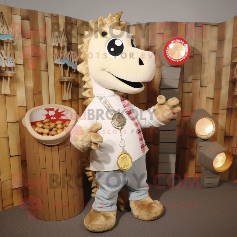 Beige Seahorse mascot costume character dressed with a Flannel Shirt and Coin purses