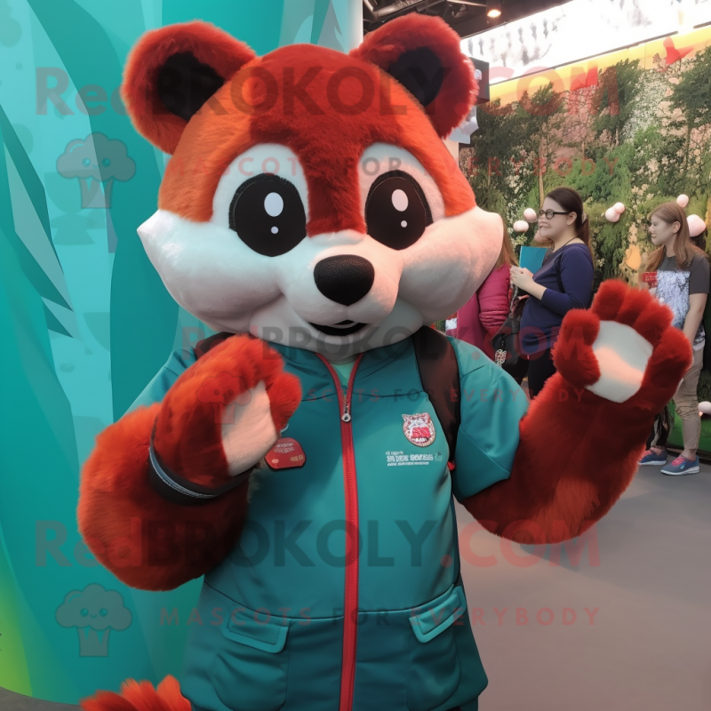 Teal Red Panda mascot costume character dressed with a Long Sleeve Tee and Mittens Teal Red Panda mascot costume character dressed with a Long Sleeve Tee and Mittens