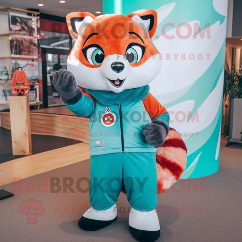 Teal Red Panda mascot costume character dressed with a Long Sleeve Tee and Mittens Teal Red Panda mascot costume character dressed with a Long Sleeve Tee and Mittens