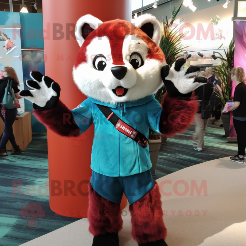 Teal Red Panda mascot costume character dressed with a Long Sleeve Tee and Mittens