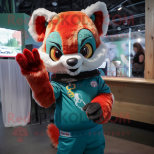 Teal Red Panda mascot costume character dressed with a Long Sleeve Tee and Mittens