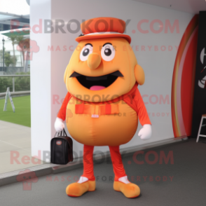 Orange Burgers mascot costume character dressed with a Jacket and Clutch bags