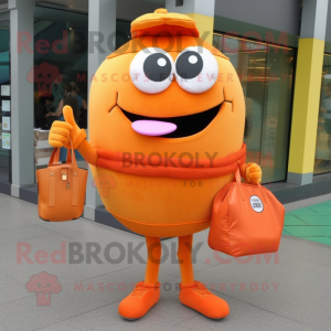Orange Burgers mascot costume character dressed with a Jacket and Clutch bags