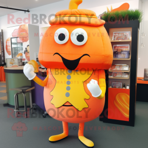 Orange Burgers mascot costume character dressed with a Jacket and Clutch bags