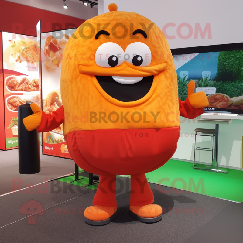 Orange Burgers mascot costume character dressed with a Jacket and Clutch bags Orange Burgers mascot costume character dressed with a Jacket and Clutch bags