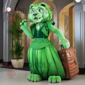 Green Smilodon mascot costume character dressed with a Ball Gown and Briefcases