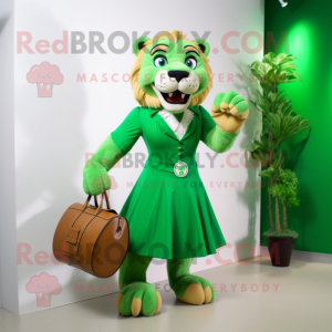 Green Smilodon mascot costume character dressed with a Ball Gown and Briefcases