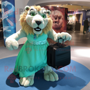 Green Smilodon mascot costume character dressed with a Ball Gown and Briefcases