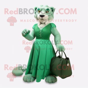 Green Smilodon mascot costume character dressed with a Ball Gown and Briefcases