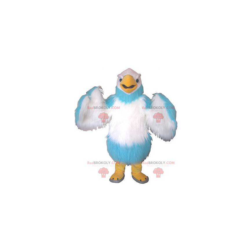 Mascotte d'oiseau géant blanc bleu ciel et jaune -