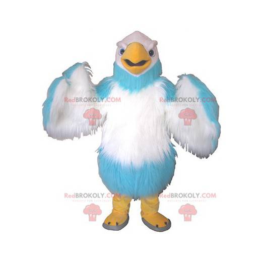 Mascotte d'oiseau géant blanc bleu ciel et jaune -