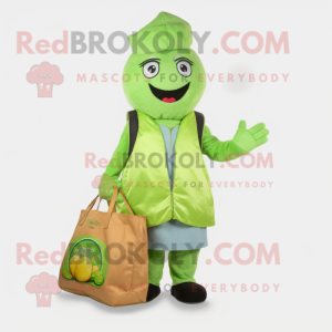 Lime Green Falafel mascot costume character dressed with a Jacket and Tote bags