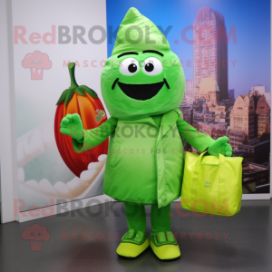 Lime Green Falafel mascot costume character dressed with a Jacket and Tote bags