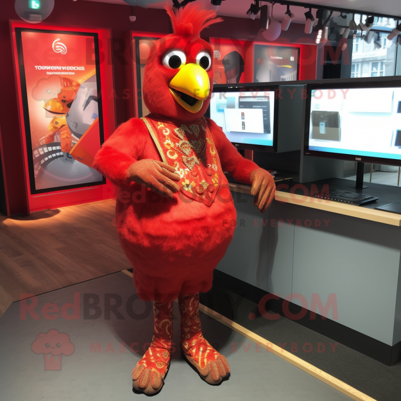 Red Tandoori Chicken mascot costume character dressed with a Bodysuit and Cufflinks