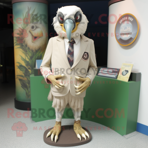 Cream Vulture mascot costume character dressed with a Suit and Lapel pins