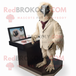 Cream Vulture mascot costume character dressed with a Suit and Lapel pins