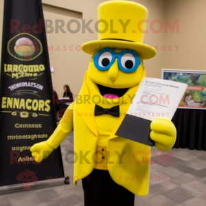 Lemon Yellow Enchiladas mascot costume character dressed with a Tuxedo and Reading glasses