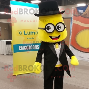 Lemon Yellow Enchiladas mascot costume character dressed with a Tuxedo and Reading glasses