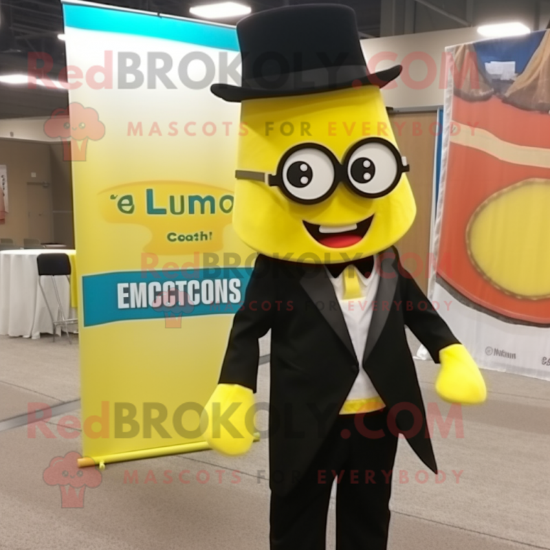 Lemon Yellow Enchiladas mascot costume character dressed with a Tuxedo and Reading glasses Lemon Yellow Enchiladas mascot costume character dressed with a Tuxedo and Reading glasses