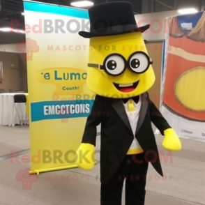 Lemon Yellow Enchiladas mascot costume character dressed with a Tuxedo and Reading glasses