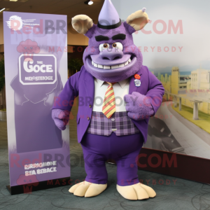 Purple Ogre mascot costume character dressed with a Pencil Skirt and Pocket squares