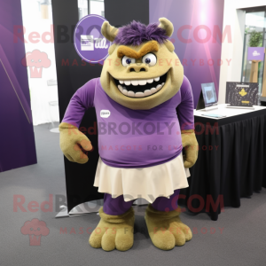Purple Ogre mascot costume character dressed with a Pencil Skirt and Pocket squares
