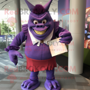 Purple Ogre mascot costume character dressed with a Pencil Skirt and Pocket squares