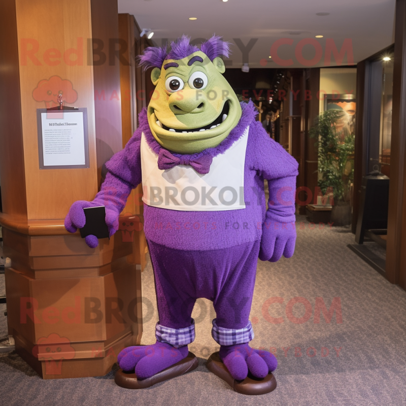 Purple Ogre mascot costume character dressed with a Pencil Skirt and Pocket squares