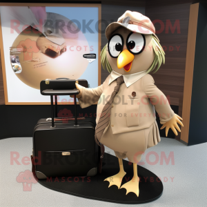 Beige Blackbird mascot costume character dressed with a Wrap Skirt and Briefcases