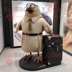 Beige Blackbird mascot costume character dressed with a Wrap Skirt and Briefcases