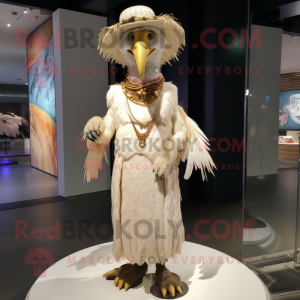 Cream Harpy mascot costume character dressed with a Dress and Hat pins