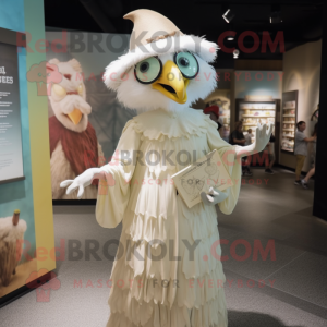Cream Harpy mascot costume character dressed with a Dress and Hat pins