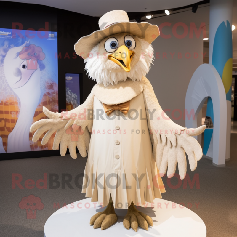 Cream Harpy mascot costume character dressed with a Dress and Hat pins