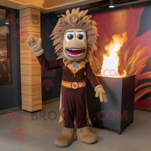Brown Fire Eater mascot costume character dressed with a Corduroy Pants and Shawls
