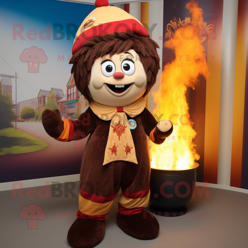 Brown Fire Eater mascot costume character dressed with a Corduroy Pants and Shawls