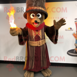 Brown Fire Eater mascot costume character dressed with a Corduroy Pants and Shawls