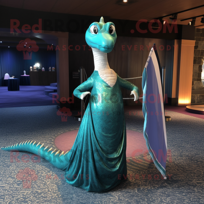 nan Loch Ness Monster mascot costume character dressed with a Evening Gown and Shawls nan Loch Ness Monster mascot costume character dressed with a Evening Gown and Shawls