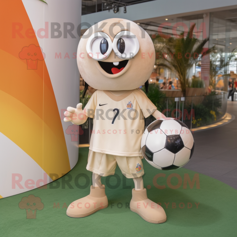 Beige Soccer Ball mascot costume character dressed with a T-Shirt and Shoe clips Beige Soccer Ball mascot costume character dressed with a T-Shirt and Shoe clips