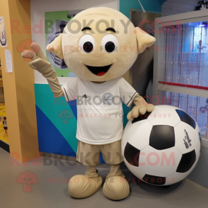 Beige Soccer Ball mascot costume character dressed with a T-Shirt and Shoe clips