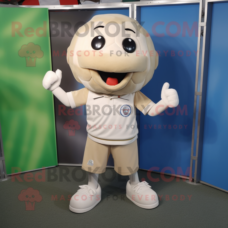 Beige Soccer Ball mascot costume character dressed with a T-Shirt and Shoe clips