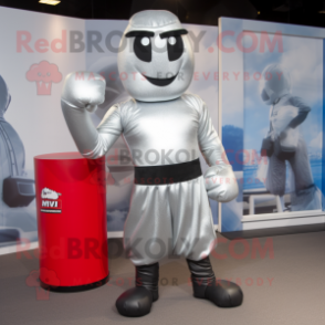 Silver Boxing Glove mascot costume character dressed with a Skinny Jeans and Headbands