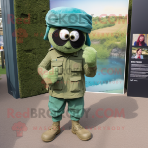 Cyan Green Beret mascot costume character dressed with a Trousers and Headbands