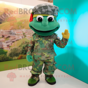 Cyan Green Beret mascot costume character dressed with a Trousers and Headbands