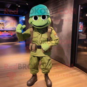 Cyan Green Beret mascot costume character dressed with a Trousers and Headbands