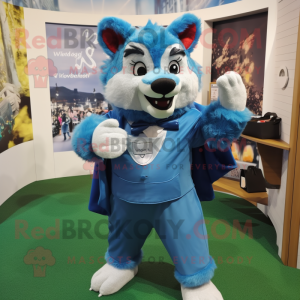 Blue Say Wolf mascot costume character dressed with a Culottes and Mittens