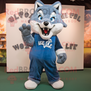 Blue Say Wolf mascot costume character dressed with a Culottes and Mittens