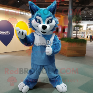 Blue Say Wolf mascot costume character dressed with a Culottes and Mittens