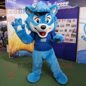 Blue Say Wolf mascot costume character dressed with a Culottes and Mittens